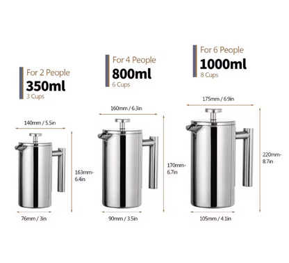 Tamaños de la Cafetera Francesa, French Press o de émbolo, de acero inoxidable, en venta en Black Jebena
