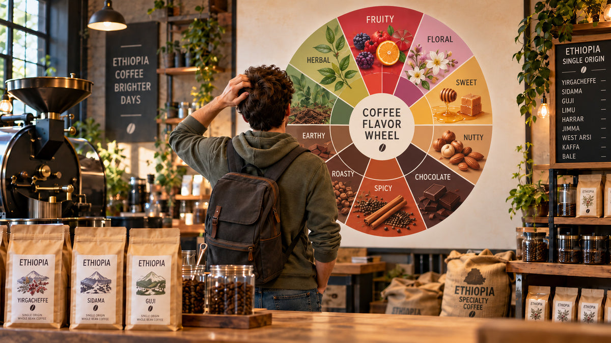 Cliente eligiendo café etíope ante el mapa de sabores en Black Jebena